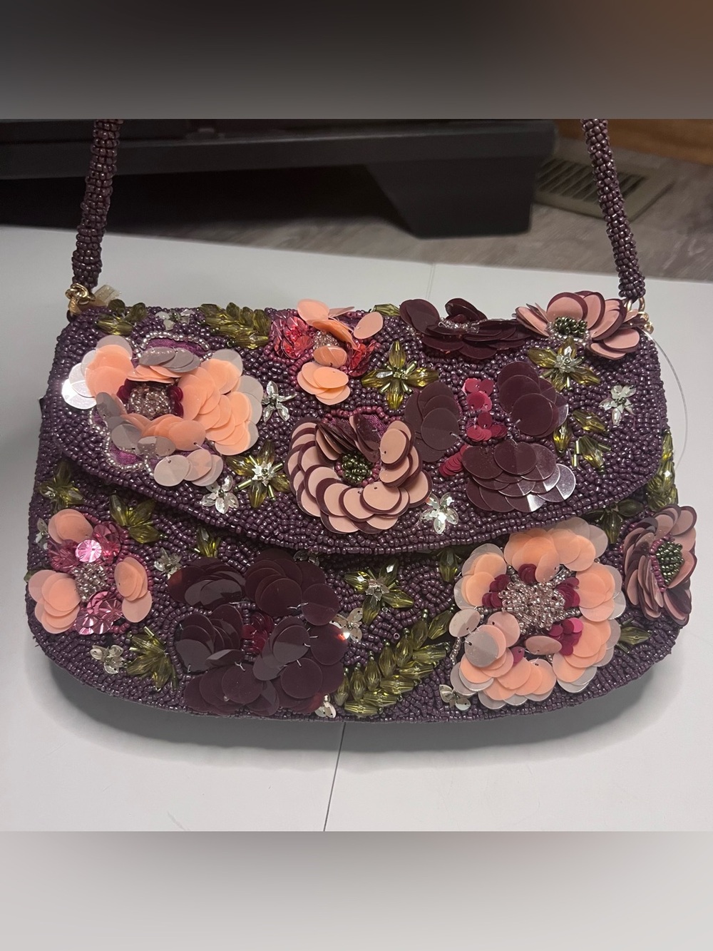Viral Beaded Floral Appliqué Shoulder Bag in Plum and Peach